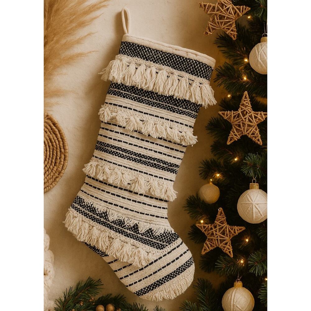 Textured Boho Stocking Tassel Cream Black DKNY Anthropologie All Roads Christmas